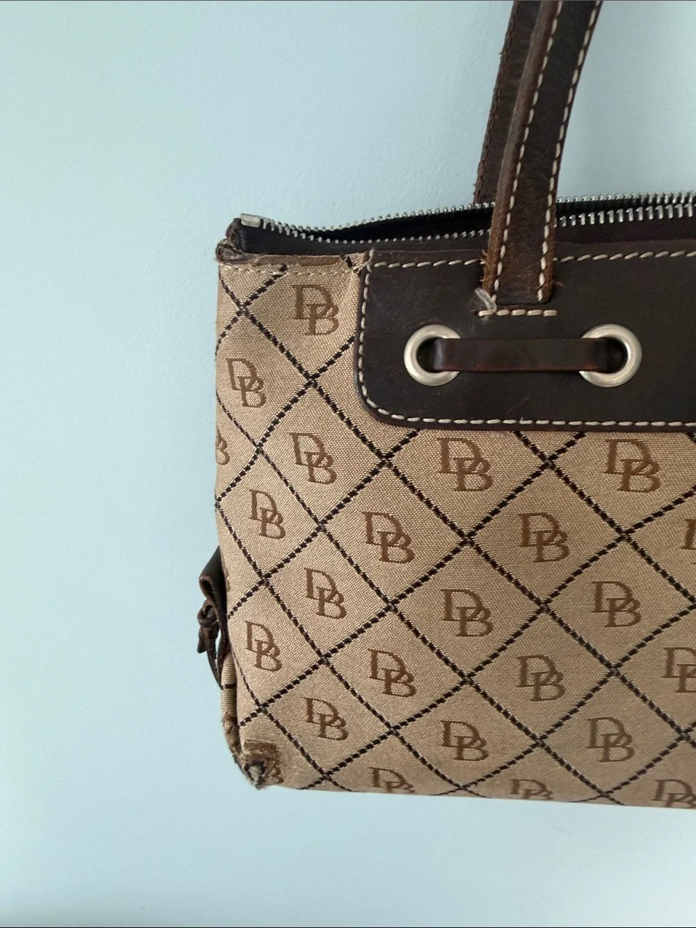 Dooney & Bourke Tan and Dark Brown Signature Monogram Shoulder Bag with Tassel